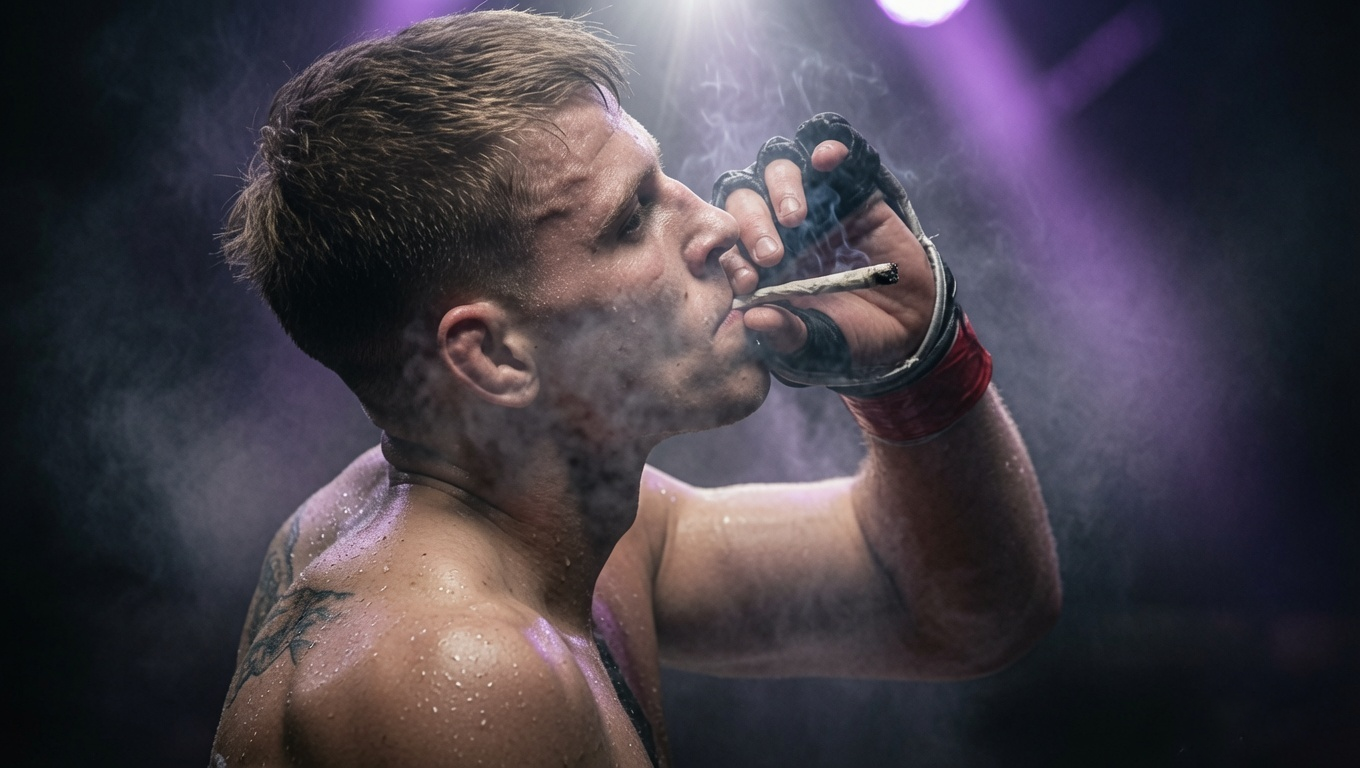 Fighter lighting up under stage haze after the win