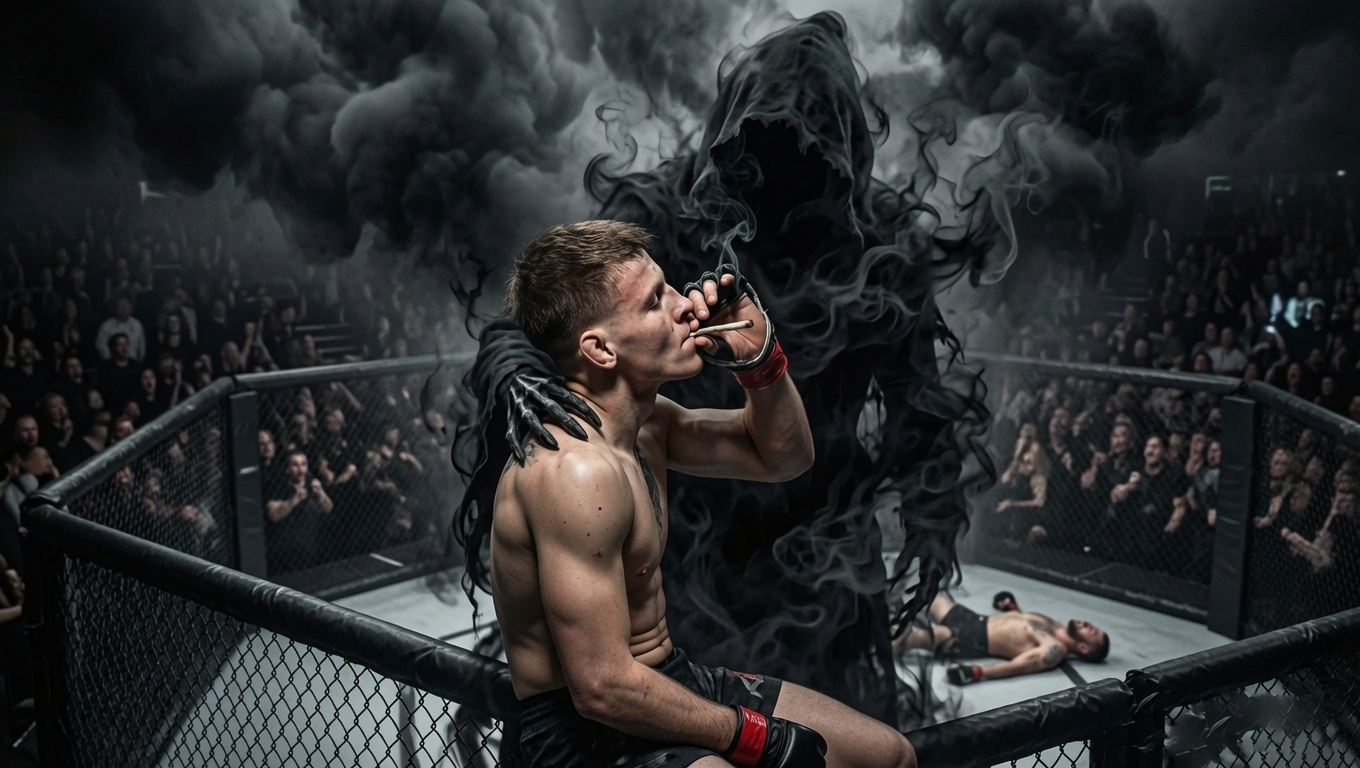 Fighter smoking on the cage with a shadow reaper behind him