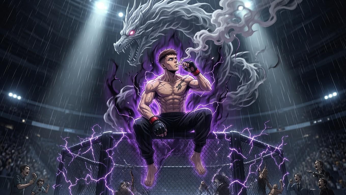 Anime-style fighter on the cage with a smoke dragon aura