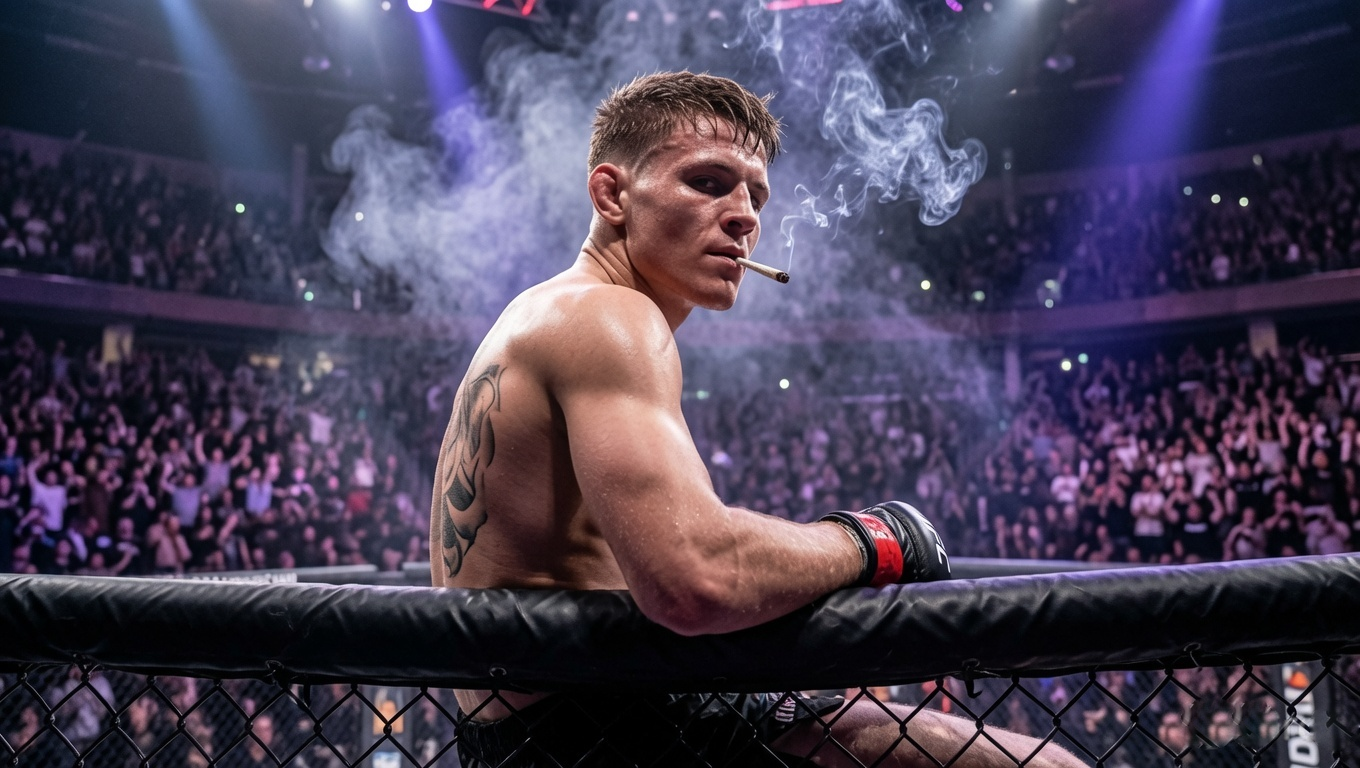 Fighter perched on the cage looking back through the smoke