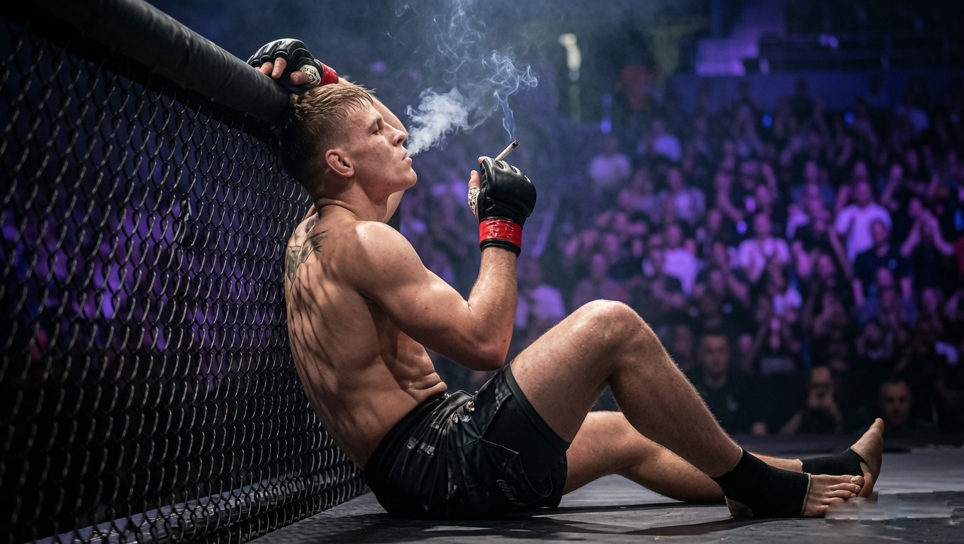 Fighter sitting against the cage smoking after the fight