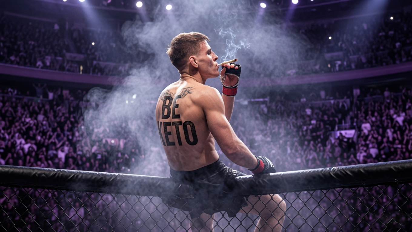 Fighter on the cage from behind, smoke rising over the crowd