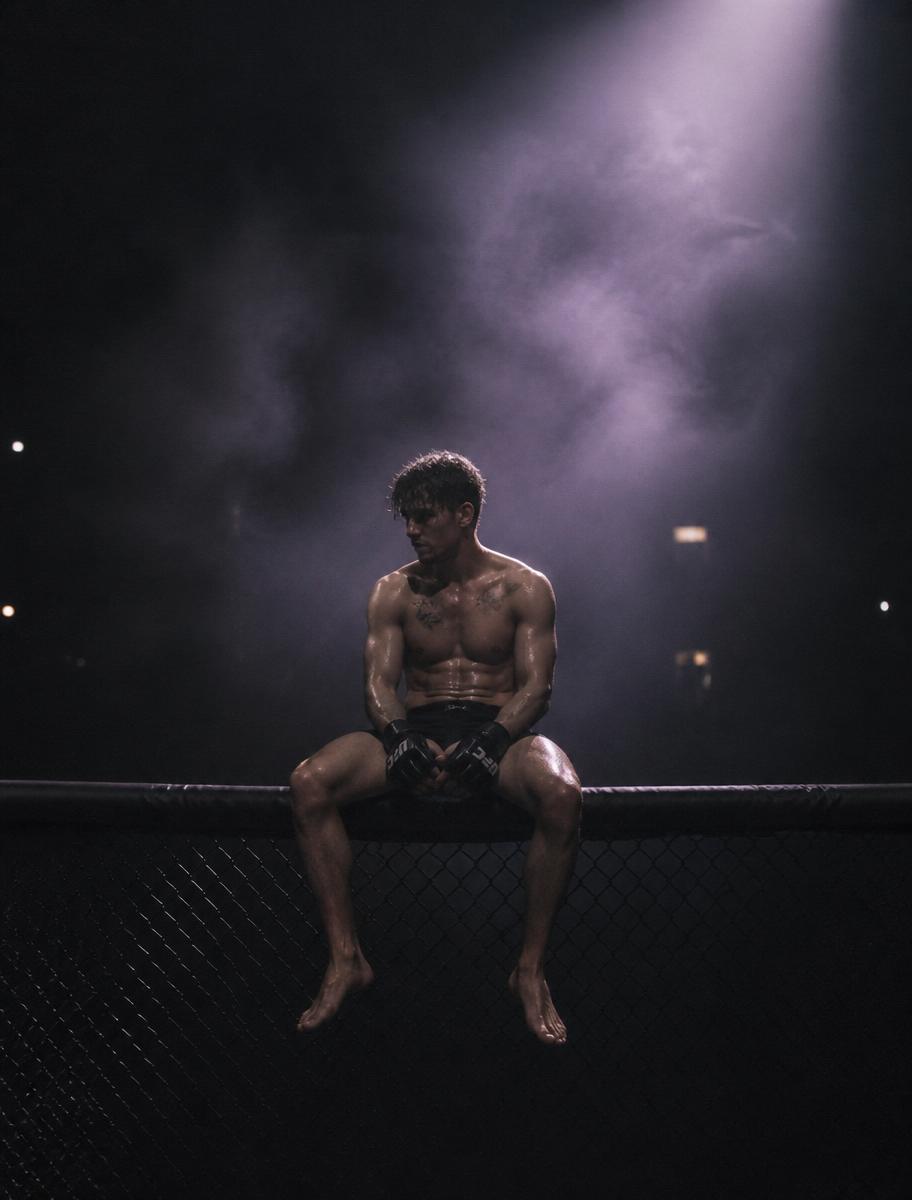 Fighter sitting on the cage under a spotlight